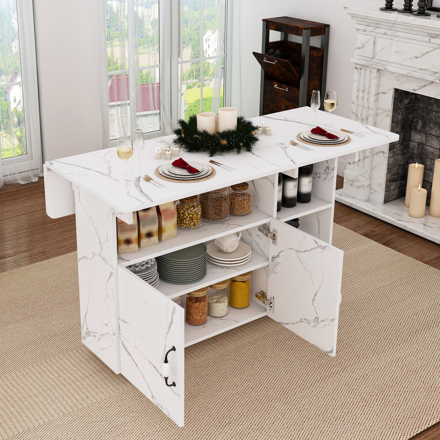 Multi-Functional Folding Table with Storage Shelves and Wheels | 47" Foldable Dining Table for Small Spaces, Compact Desk for Kitchen – Walnut/White/Oak