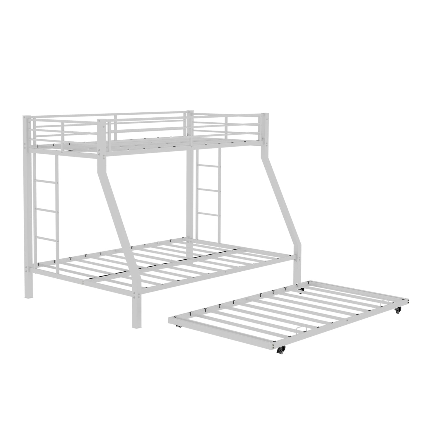High-Stability Square Tube Bunk Bed with Ladder & Rolling Trundle | Full Size – Modern Minimalist, Strong Load-Bearing for Home/Dorm/Guest Room