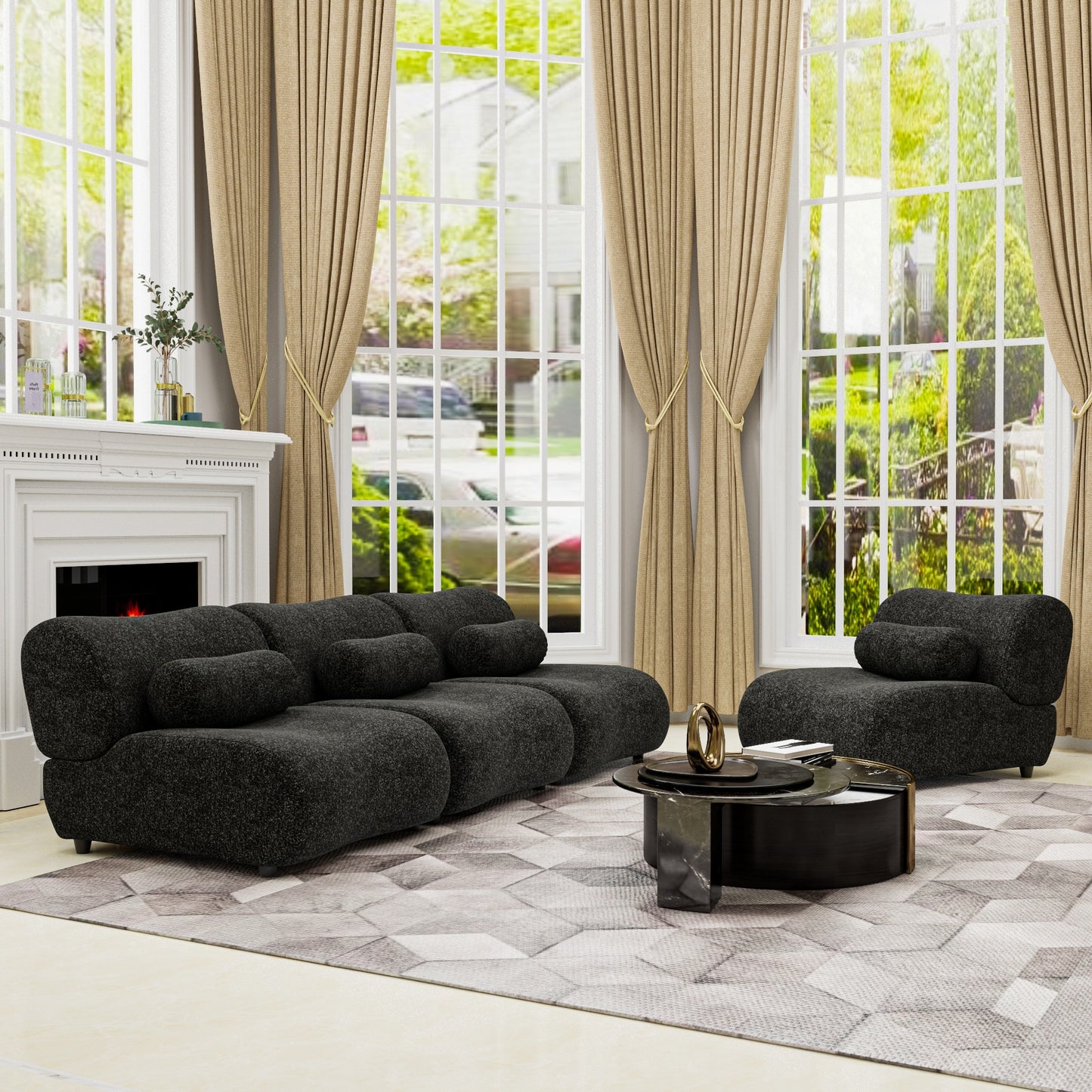 Chenille Fabric Living Room Sofa with Cylindrical Pillows, Freely Arrangeable 3 Colors