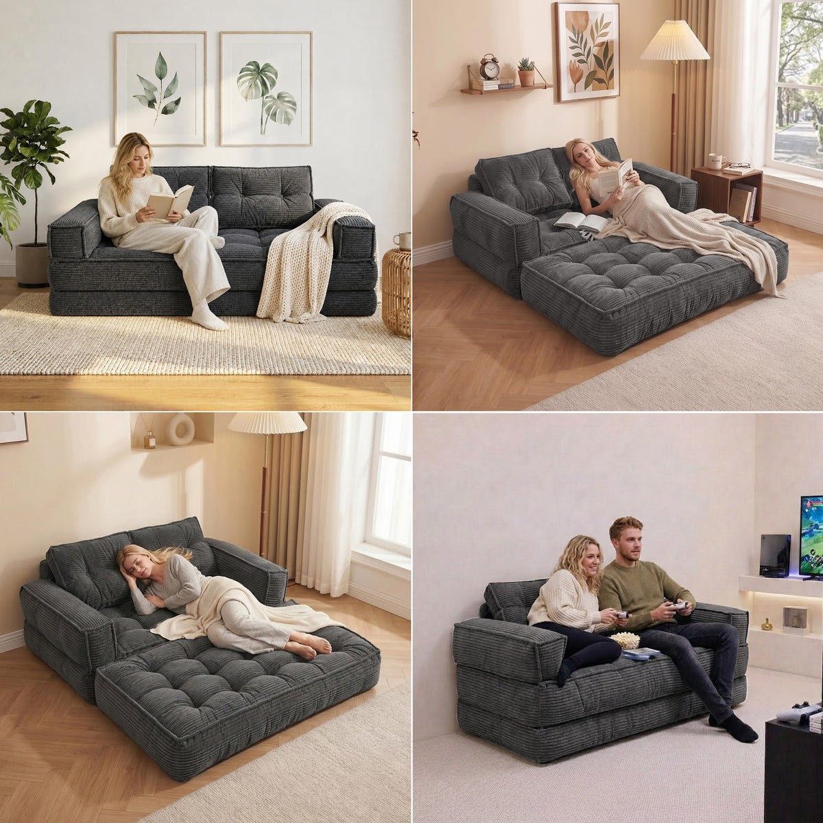 2-in-1 Boneless Convertible Floor Couch – Lazy Double Sofa with Armrest