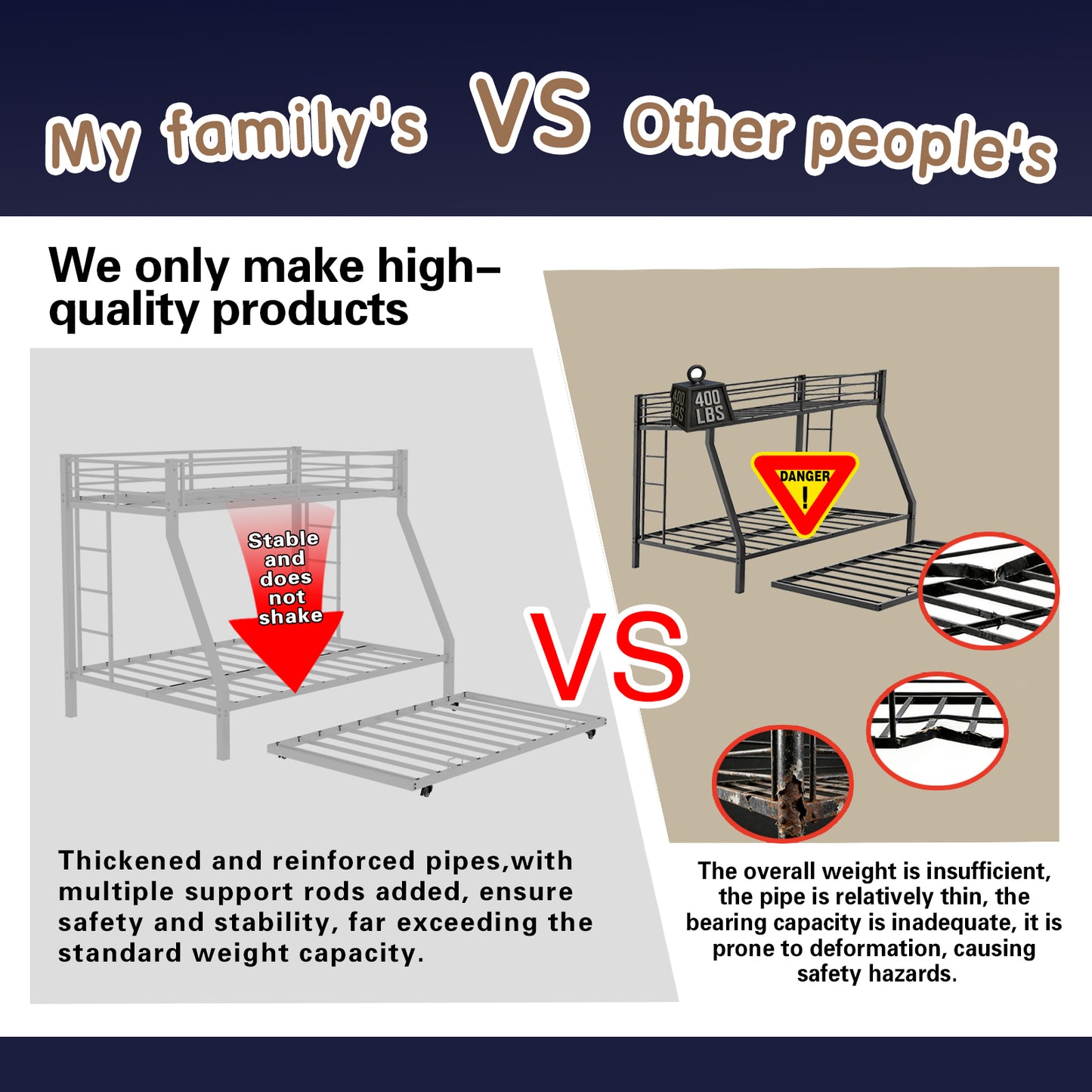 High-Stability Square Tube Bunk Bed with Ladder & Rolling Trundle | Full Size – Modern Minimalist, Strong Load-Bearing for Home/Dorm/Guest Room