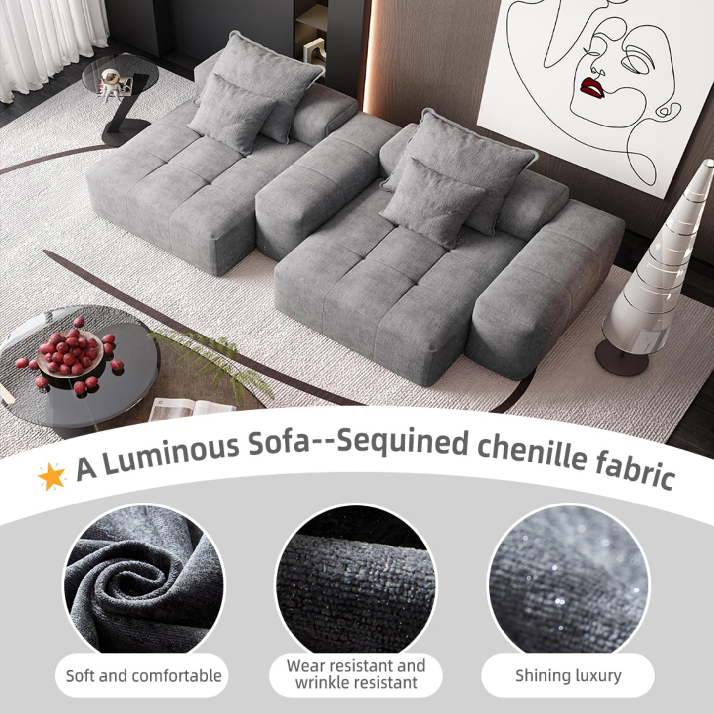 Modular Sectional Sofa with 2 chaise lounge and 2 armrest,Sparkling Chenille Fabric Soft Cushion Sofa with 4 Pillows