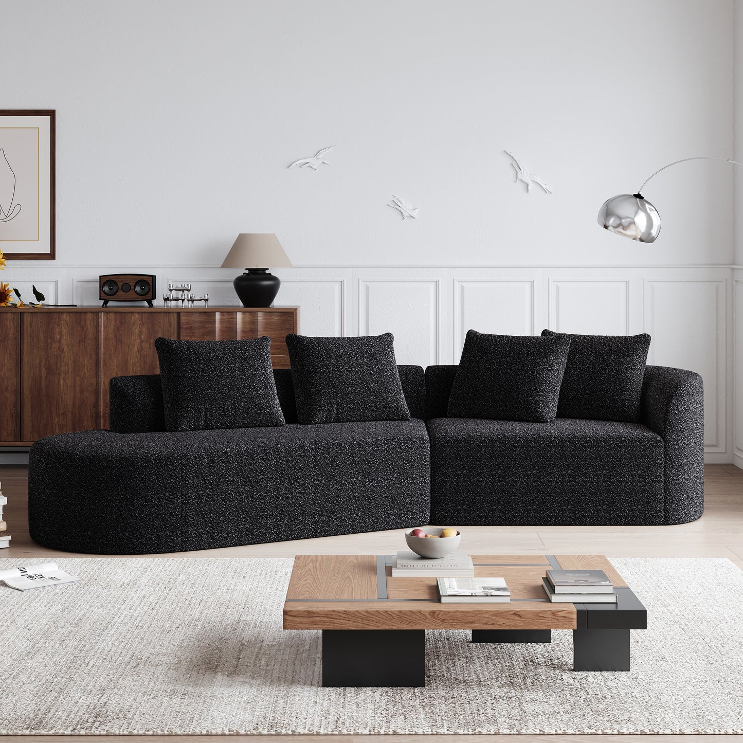 Extra Deep & Wide Seat Curved Cloud Couch with 4 Throw Pillows-3 Colors