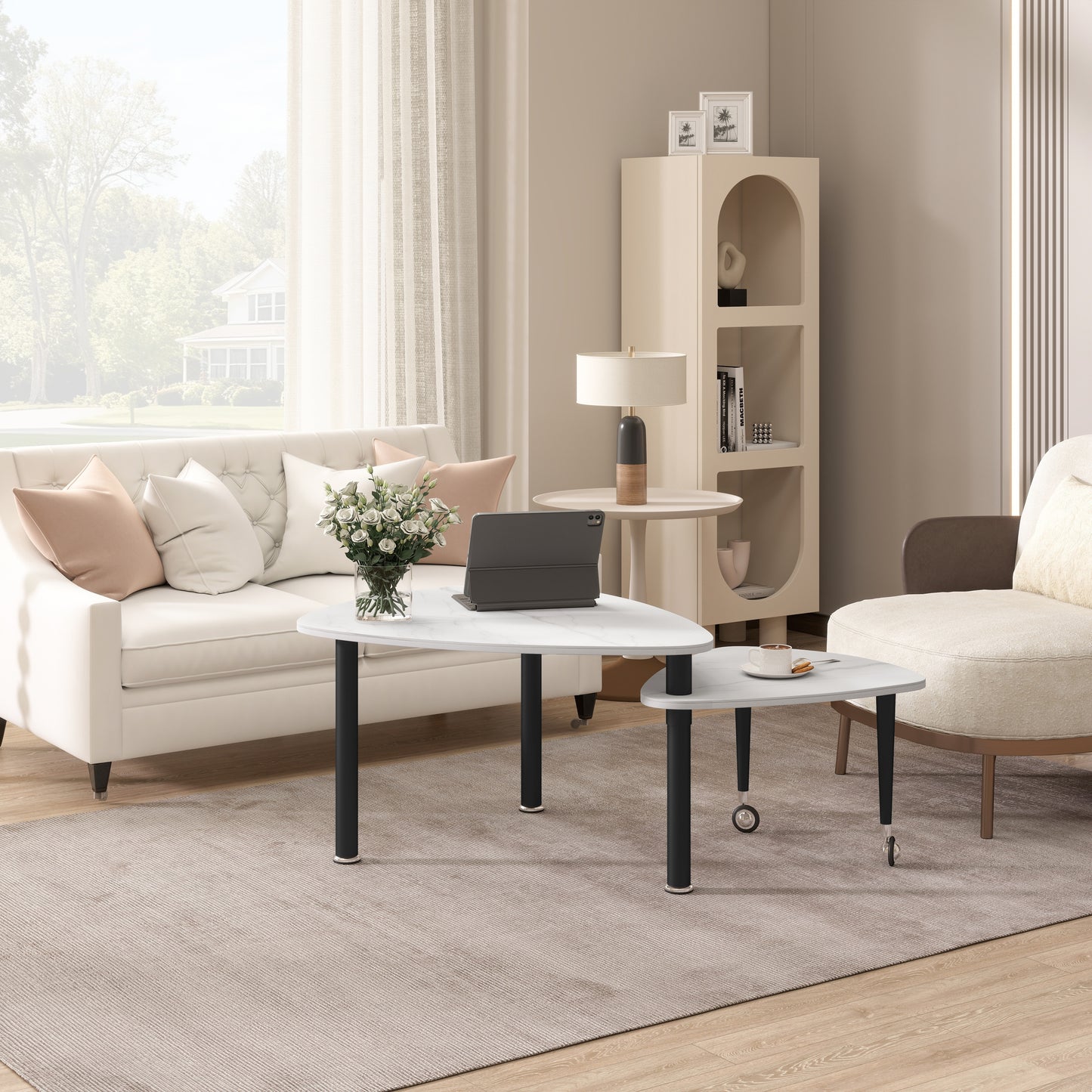 360° Rotatable Modern Coffee Table for Living Room – Solid Wood Legs with Nesting Design (Black/Walnut/White)