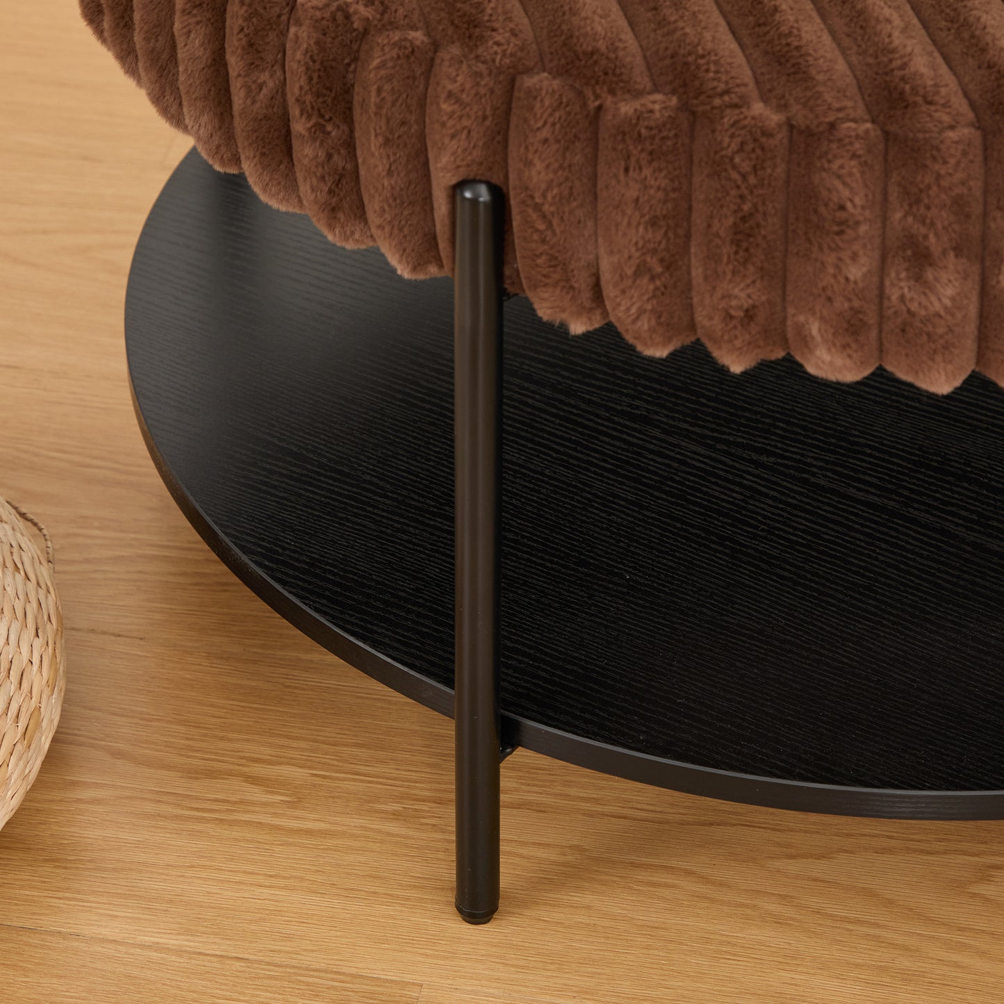Upholstered Round Ottoman Coffee Table & Pouf Foot Rest | Faux Fur, Metal Legs – Beige/Brown/Charcoal