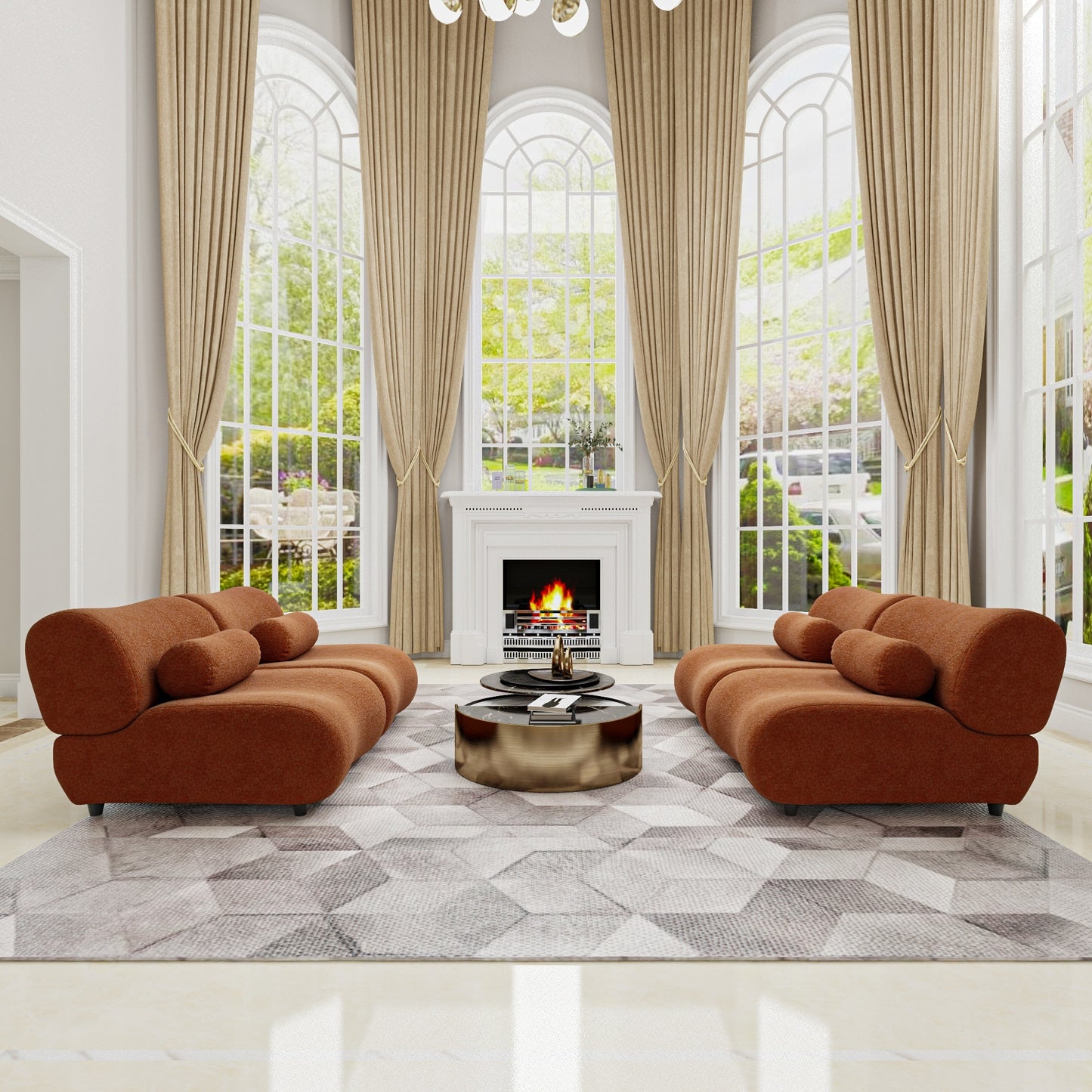 Chenille Fabric Living Room Sofa with Cylindrical Pillows, Freely Arrangeable 3 Colors