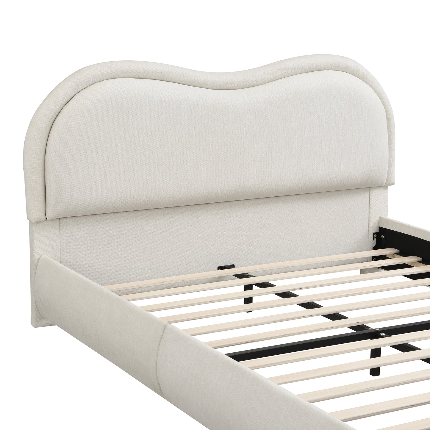Upholstered Platform Bed Frame with Rounded Corners Curved Headboard | Chenille Fabric, Wooden Slats, Oak Legs – No Box Spring Needed (Queen/King)