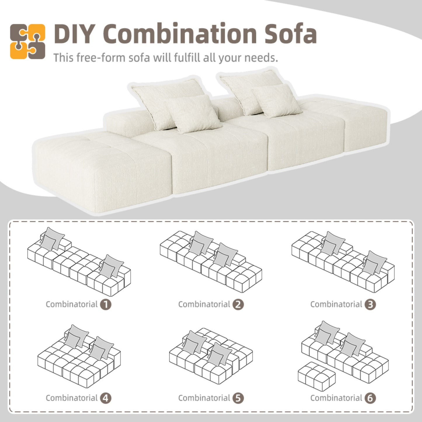 Modular Sectional Sofa with 2 chaise lounge and 2 armrest,Sparkling Chenille Fabric Soft Cushion Sofa with 4 Pillows