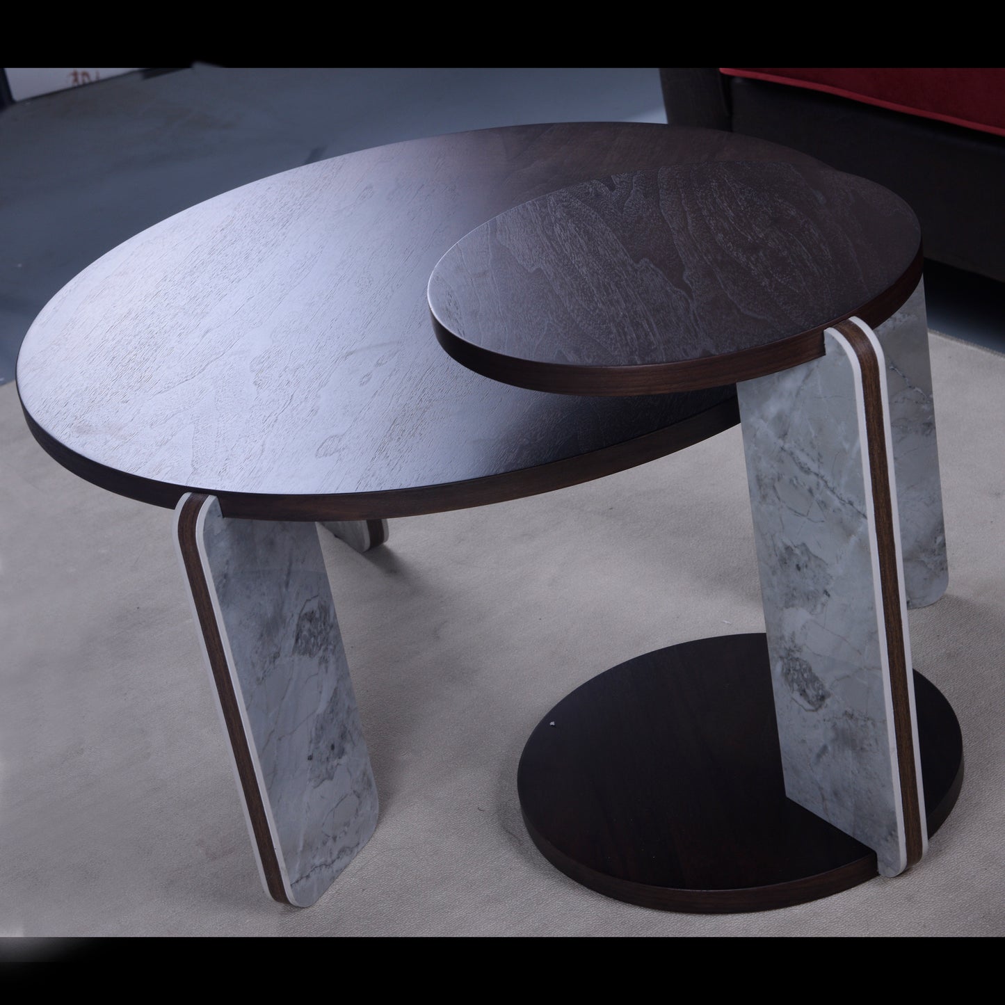 Round Nesting Coffee Table Set of 2 – Sintered Stone Top, 18mm MDF + Stone Legs (White+Black / Walnut / Black)