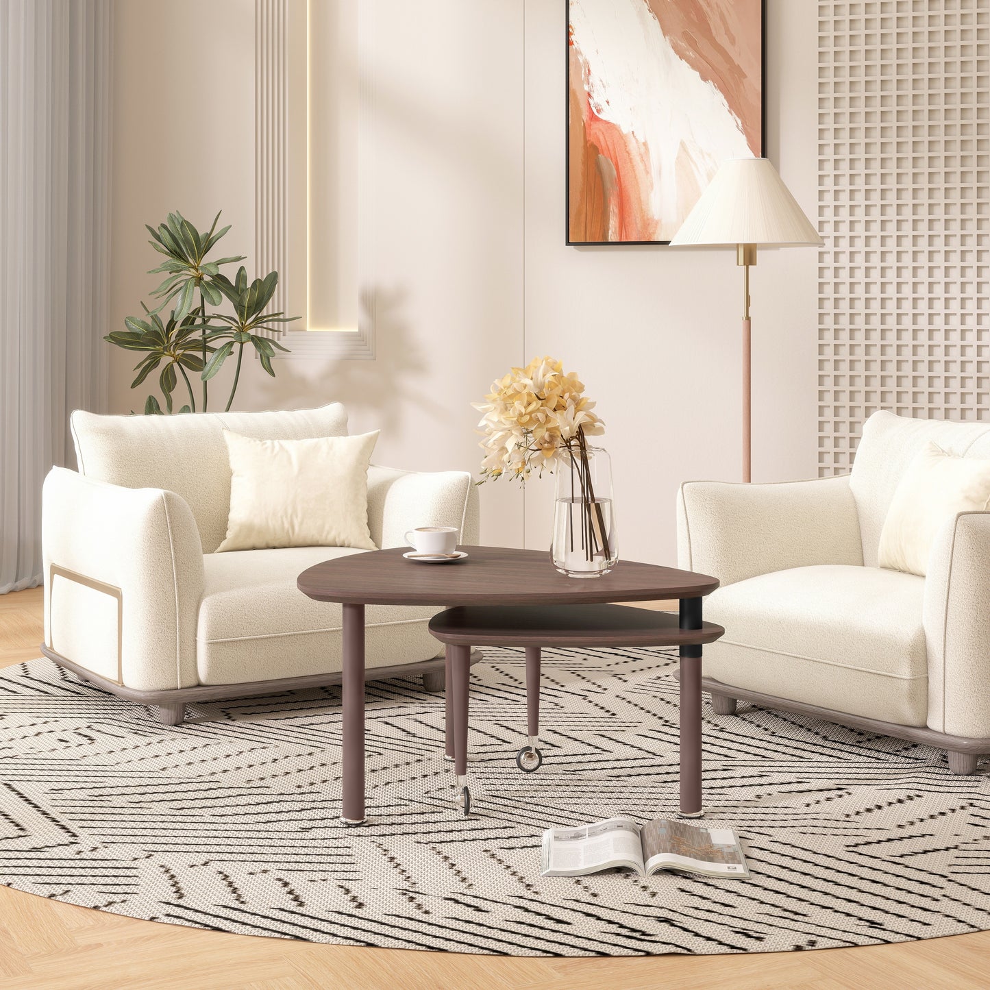 360° Rotatable Modern Coffee Table for Living Room – Solid Wood Legs with Nesting Design (Black/Walnut/White)