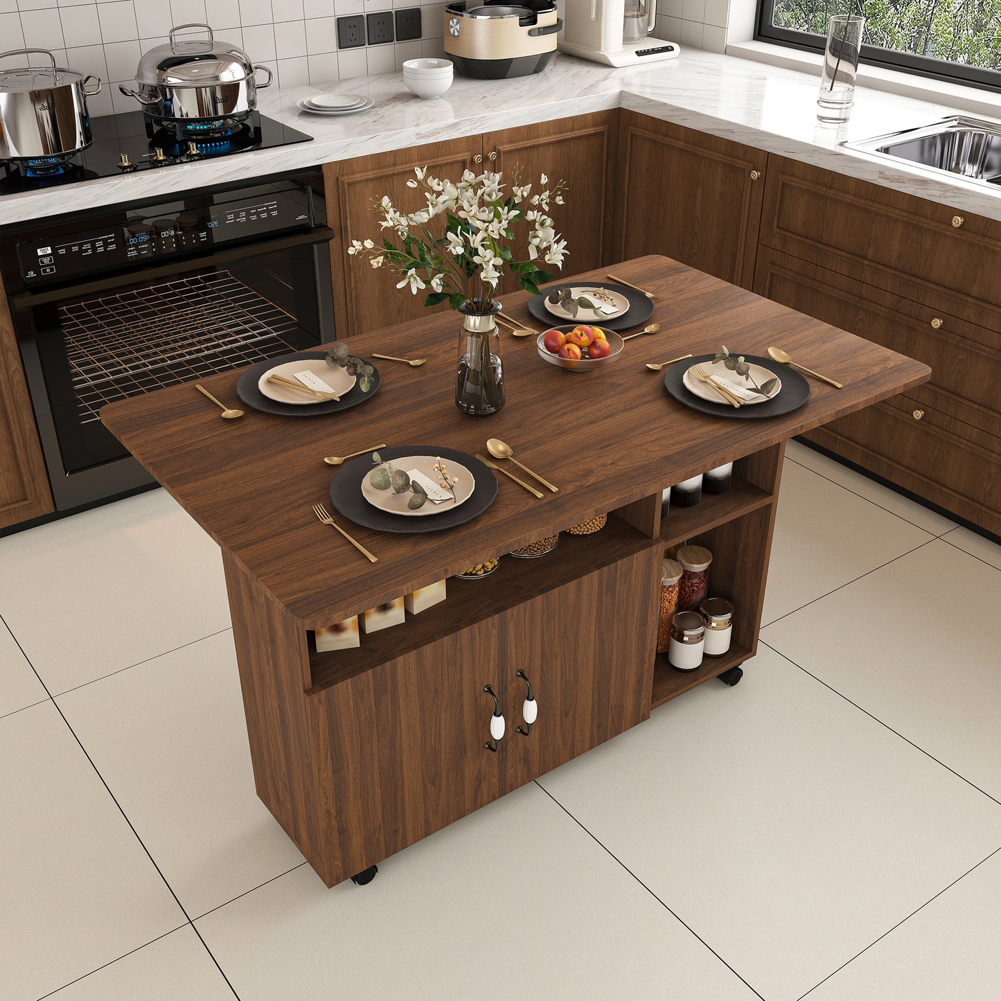 Multi-Functional Folding Table with Storage Shelves and Wheels | 47" Foldable Dining Table for Small Spaces, Compact Desk for Kitchen – Walnut/White/Oak