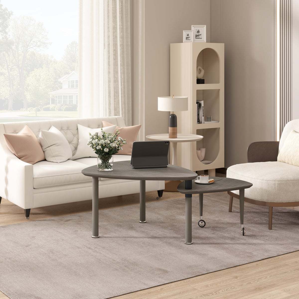 360° Rotatable Modern Coffee Table for Living Room – Solid Wood Legs with Nesting Design (Black/Walnut/White)