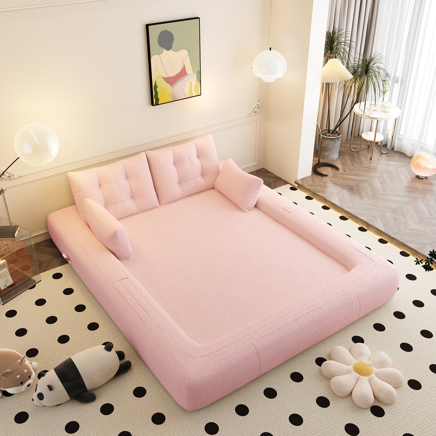 Multi-Functional Foldable Sofa Bed, 3-in-1 Teddy Fabric Foam-Filled Sleeper Sofa Bed for Living Room