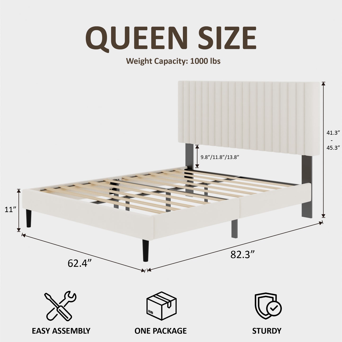 Velvet Upholstered Platform Bed with Height-Adjustable Headboard – King/Queen/Full, No Box Spring Needed