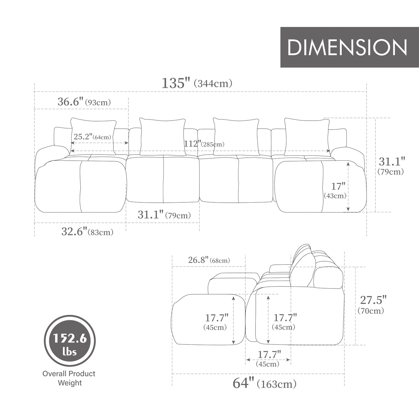 ModernModular  Loveseat  Sofa L Shape Sectional Sofa  , 2-4-6 Seater Tufted Comfy Cloud Tufted Floor Convertible Couch with 2 Pillows