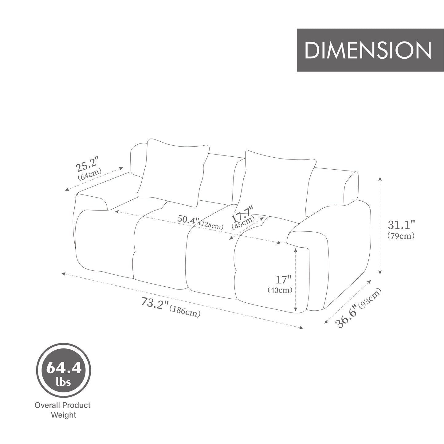 ModernModular  Loveseat  Sofa L Shape Sectional Sofa  , 2-4-6 Seater Tufted Comfy Cloud Tufted Floor Convertible Couch with 2 Pillows