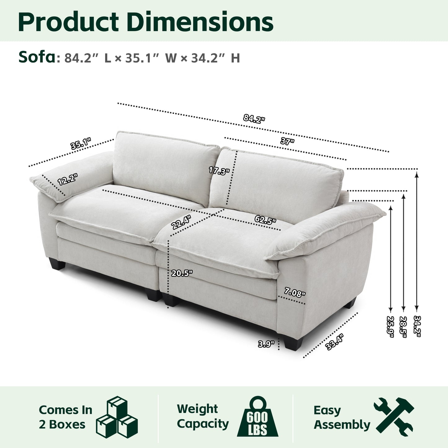 Loveseat / L-Shape Luxury Couch | Soft Chenille Upholstered Sofa with Ottoman – Modular Sectional, Removable Washable Covers