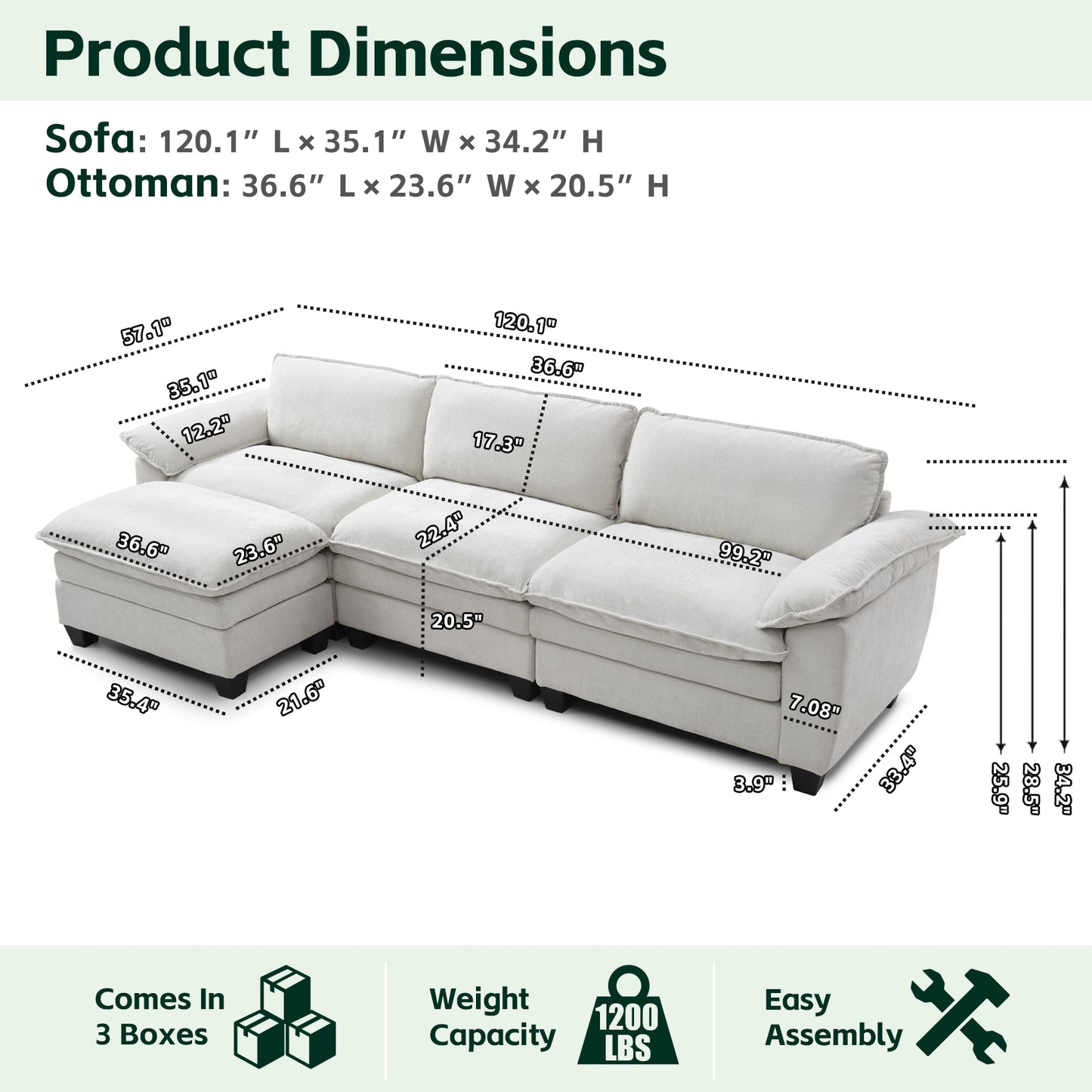 Loveseat / L-Shape Luxury Couch | Soft Chenille Upholstered Sofa with Ottoman – Modular Sectional, Removable Washable Covers