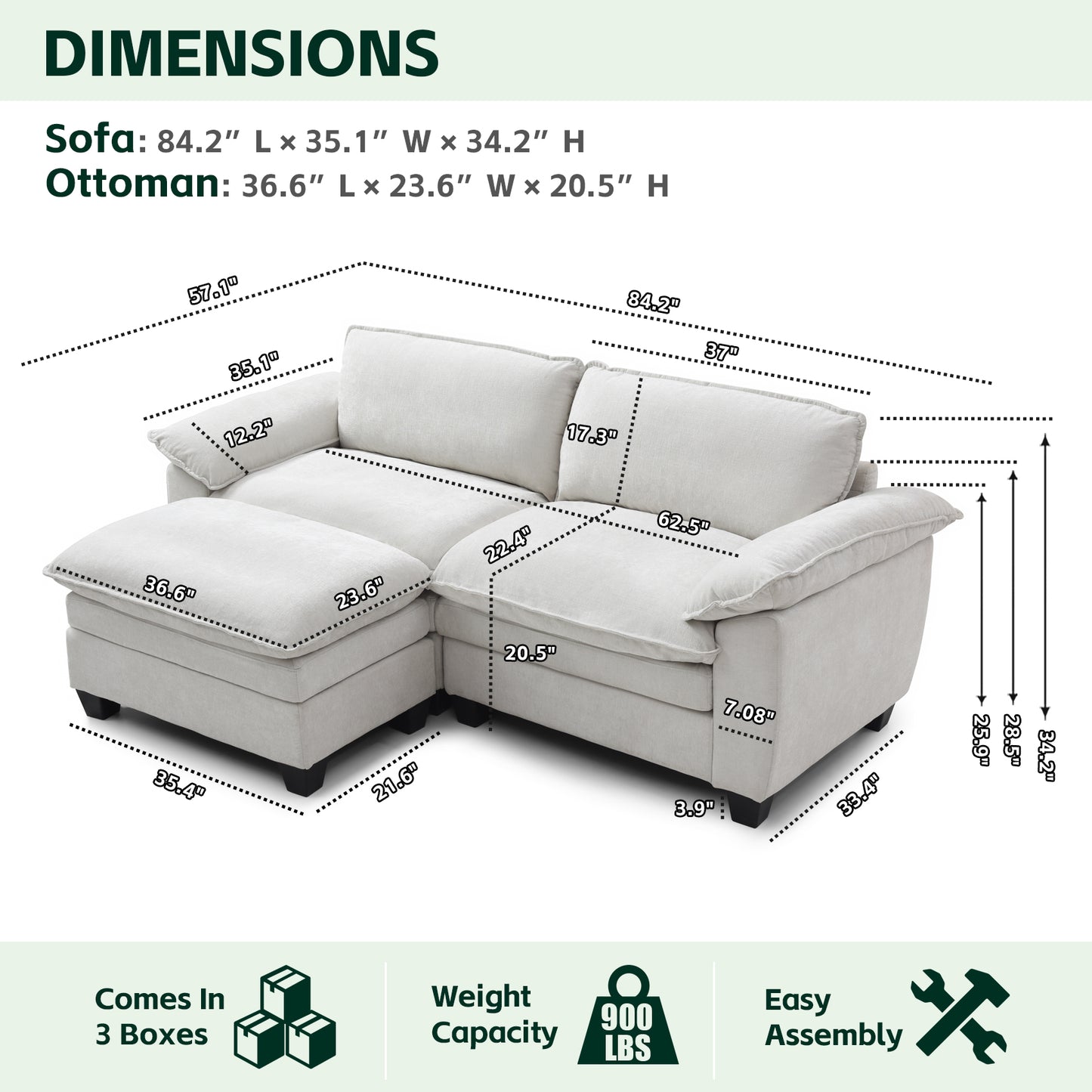 Loveseat / L-Shape Luxury Couch | Soft Chenille Upholstered Sofa with Ottoman – Modular Sectional, Removable Washable Covers