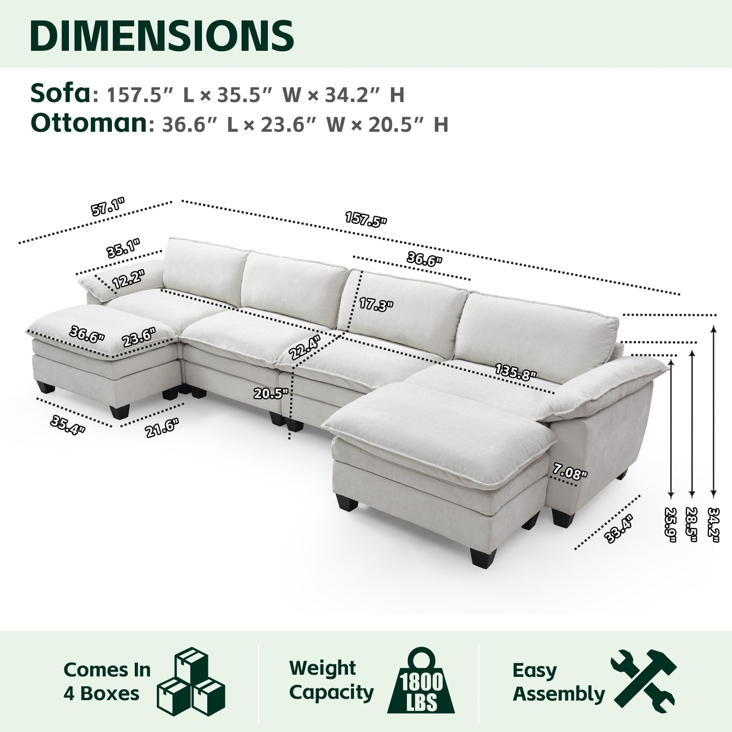 Loveseat / L-Shape Luxury Couch | Soft Chenille Upholstered Sofa with Ottoman – Modular Sectional, Removable Washable Covers