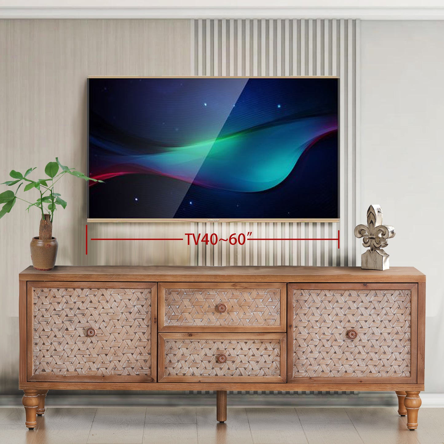 Mid-Century Distressed TV Stand | Rattan Media Console with Drawer Door – 60" for TVs up to 65"