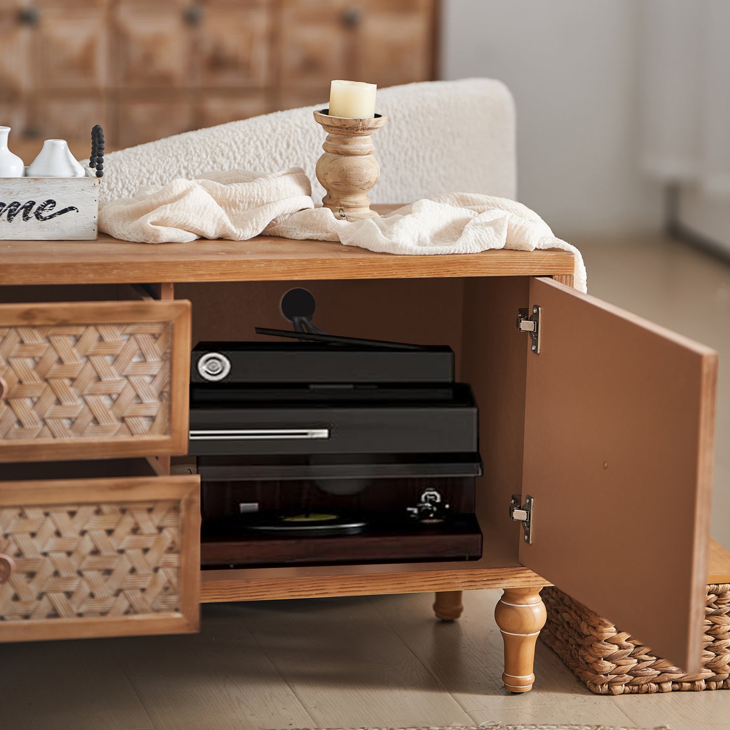 Mid-Century Distressed TV Stand | Rattan Media Console with Drawer Door – 60" for TVs up to 65"