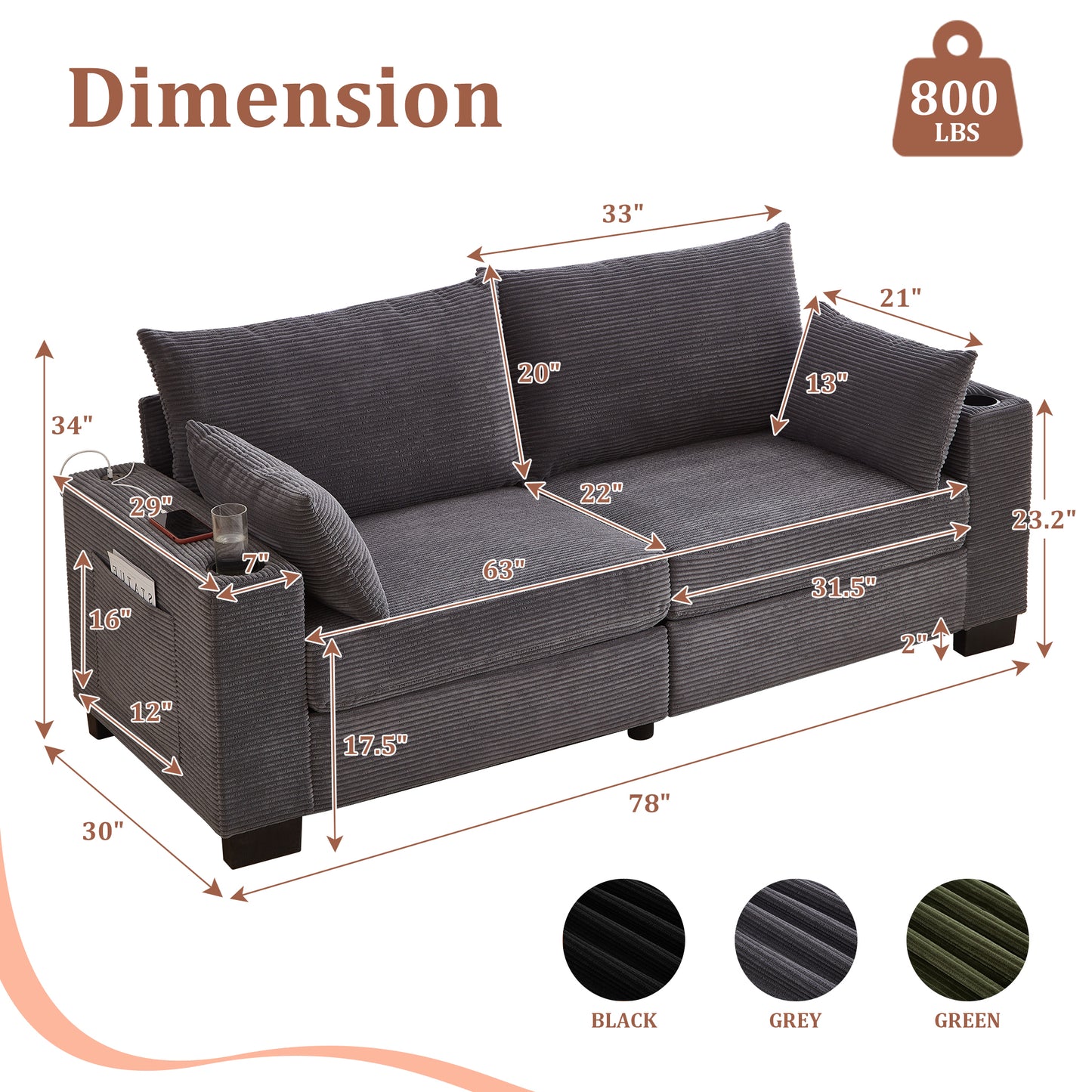 3-Seater 78" Corduroy Sofa for Living Room – Modern Upholstered Sofa with USB, Cup Holders &amp; Side Pocket&nbsp;