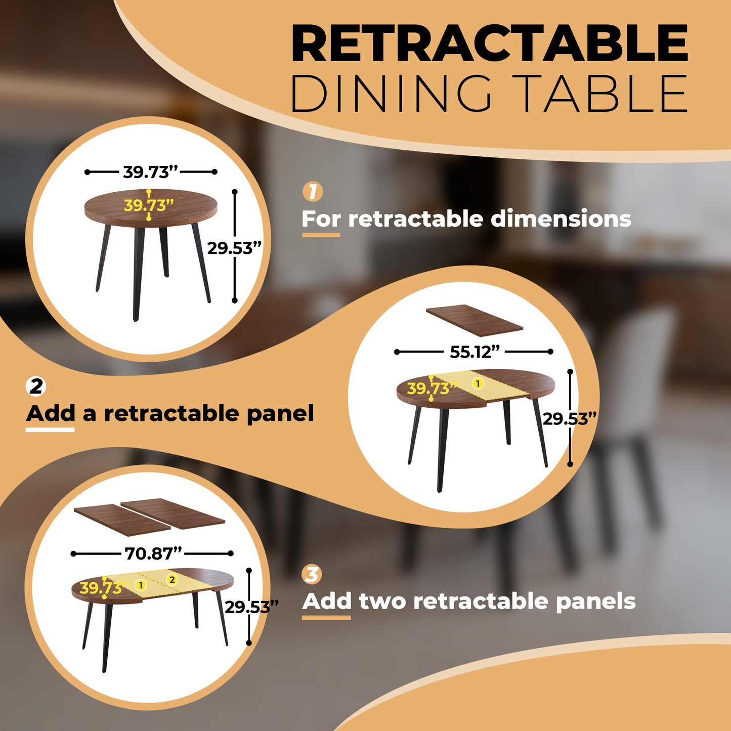 Extendable Dining Table – Metal Leg, MDF Top | Space-Saving Expandable Table for Home &amp; Office (Oak/Walnut/Black)