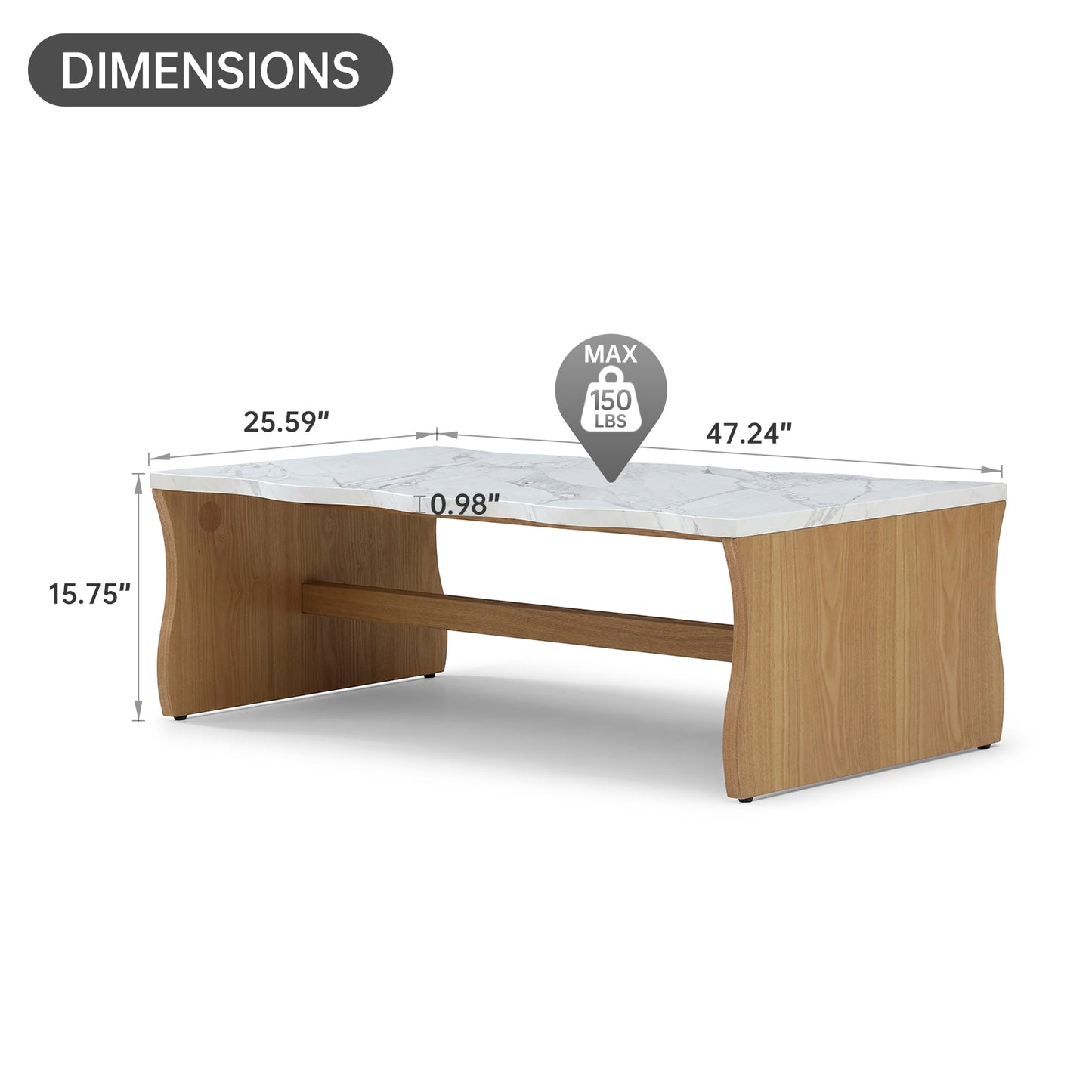 Modern Faux Marble Coffee Table  End Table Set | White Marble Top, Solid Wood Veneered Base – Flowing Wave Design, Natural/Walnut