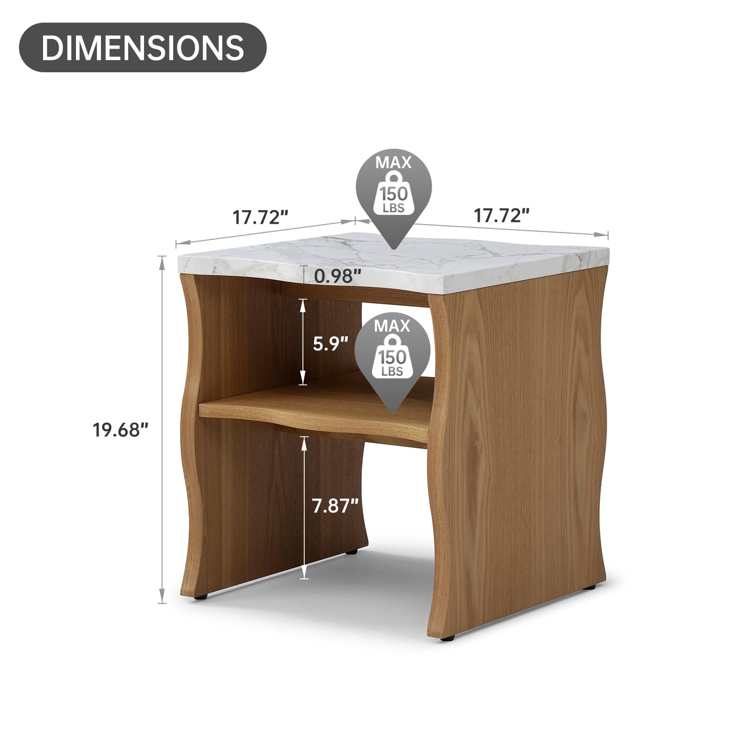 Modern Faux Marble Coffee Table  End Table Set | White Marble Top, Solid Wood Veneered Base – Flowing Wave Design, Natural/Walnut