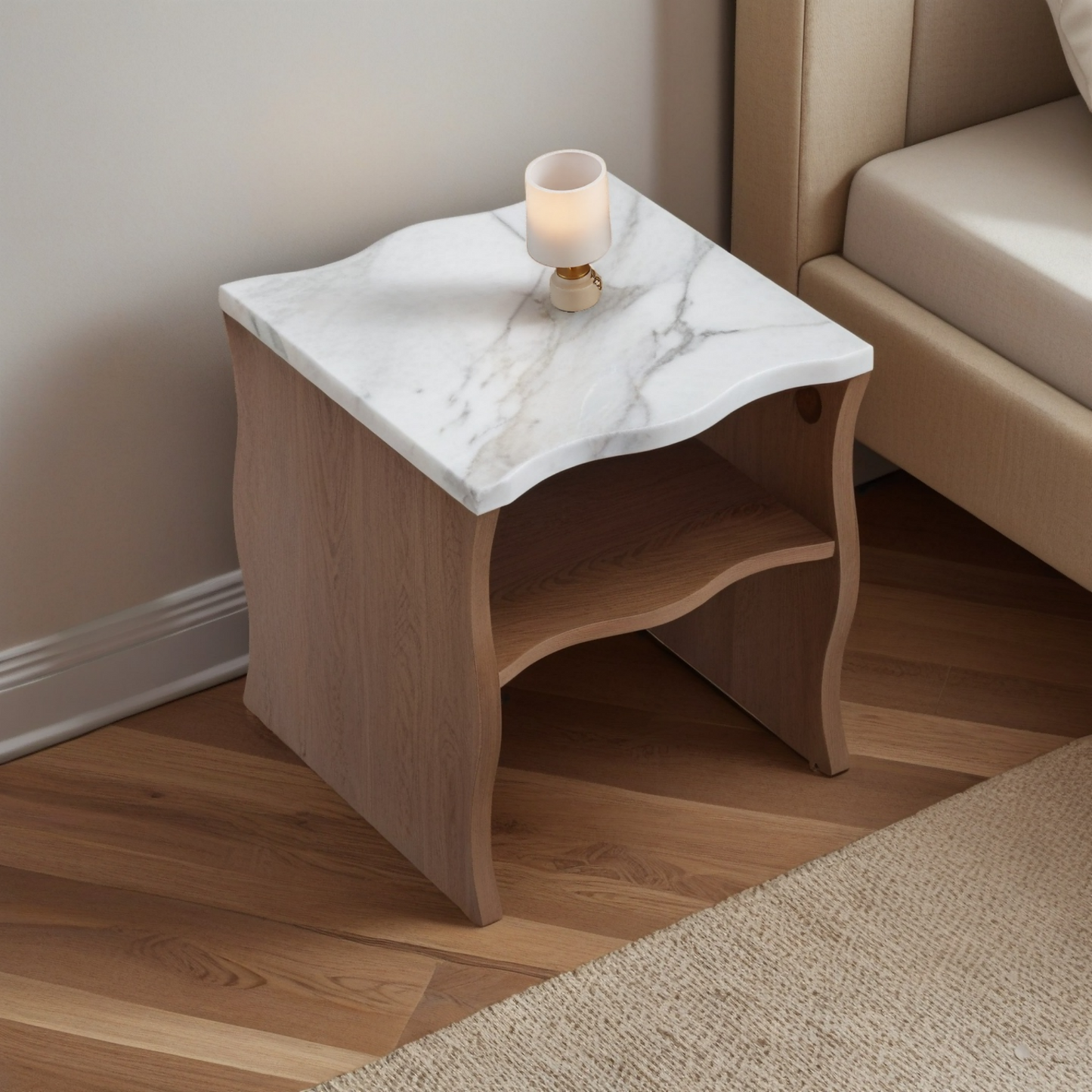 Modern Faux Marble Coffee Table  End Table Set | White Marble Top, Solid Wood Veneered Base – Flowing Wave Design, Natural/Walnut