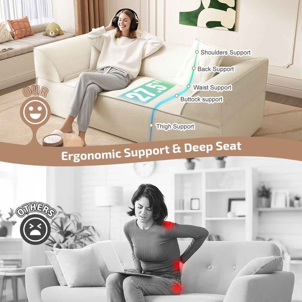 Modern Deep Seat Couch with 2 Pillows 3-in-1 Convertible Sofa Bed