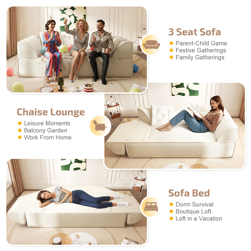Modern Deep Seat Couch with 2 Pillows 3-in-1 Convertible Sofa Bed