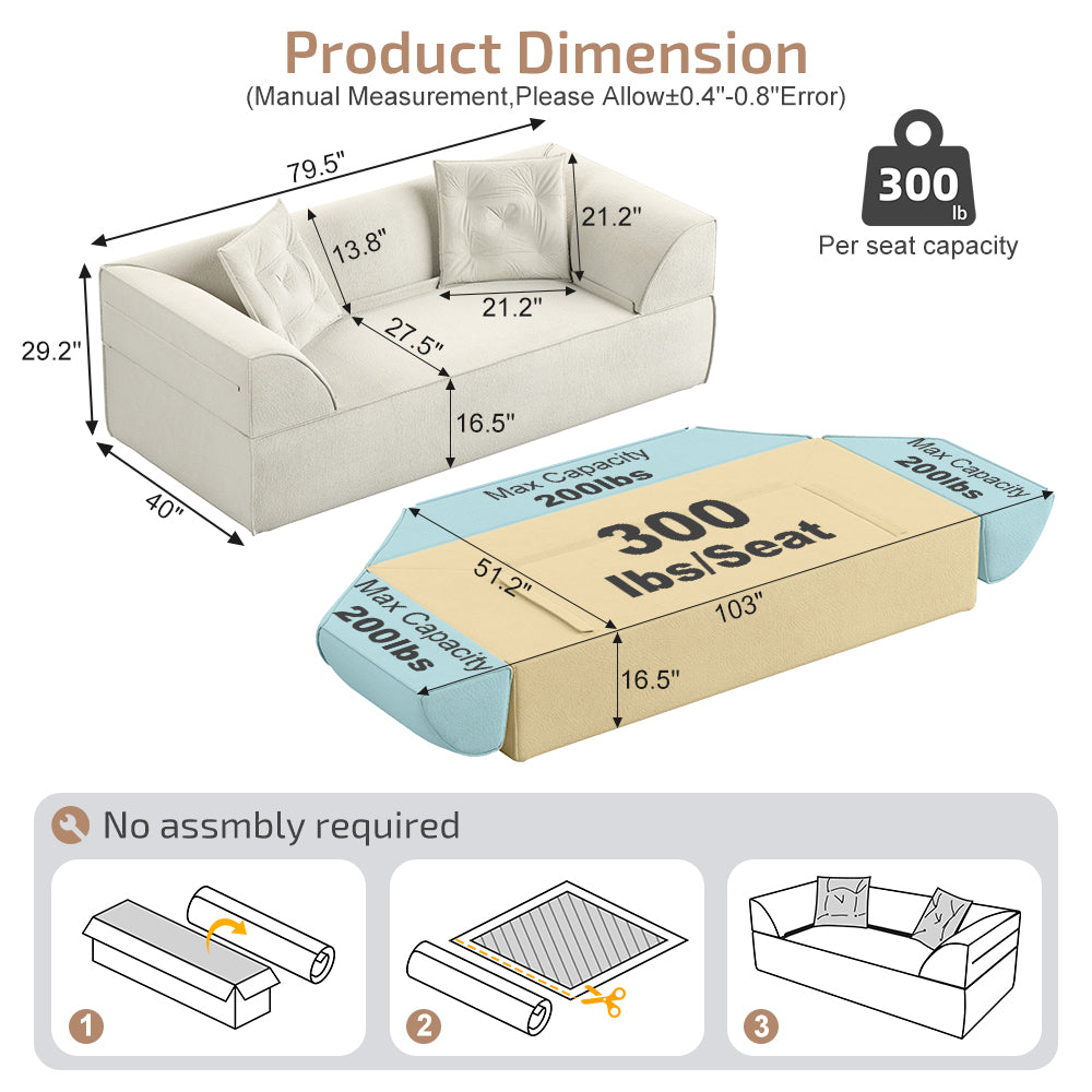 Modern Deep Seat Couch with 2 Pillows 3-in-1 Convertible Sofa Bed
