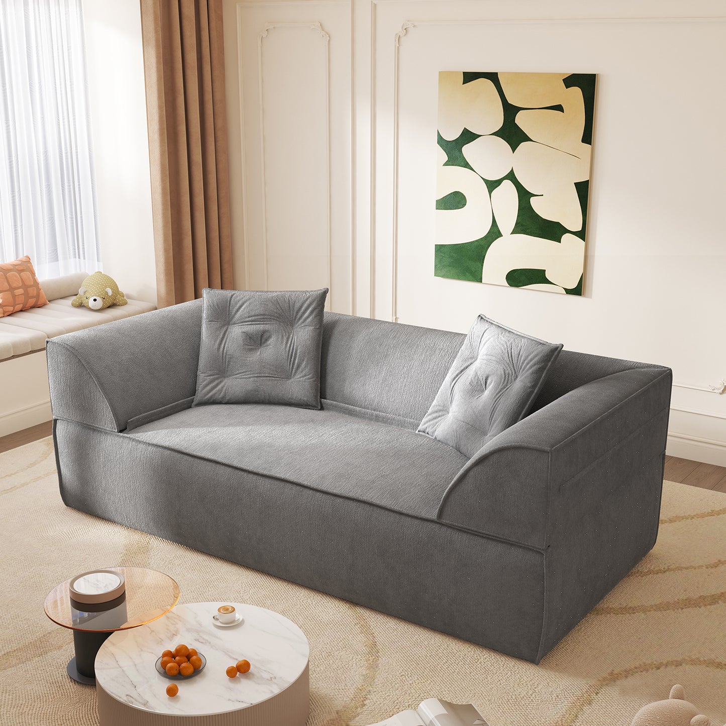 Modern Deep Seat Couch with 2 Pillows 3-in-1 Convertible Sofa Bed