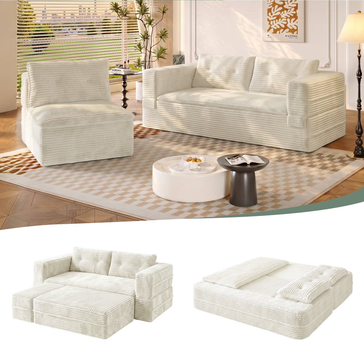 King Size Sleeper Sofa Bed – Plush Corduroy Deep Seat Couch with Independent Chaise &amp; Convertible Blanket