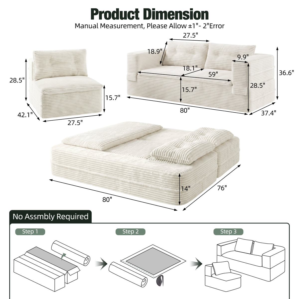 King Size Sleeper Sofa Bed – Plush Corduroy Deep Seat Couch with Independent Chaise &amp; Convertible Blanket