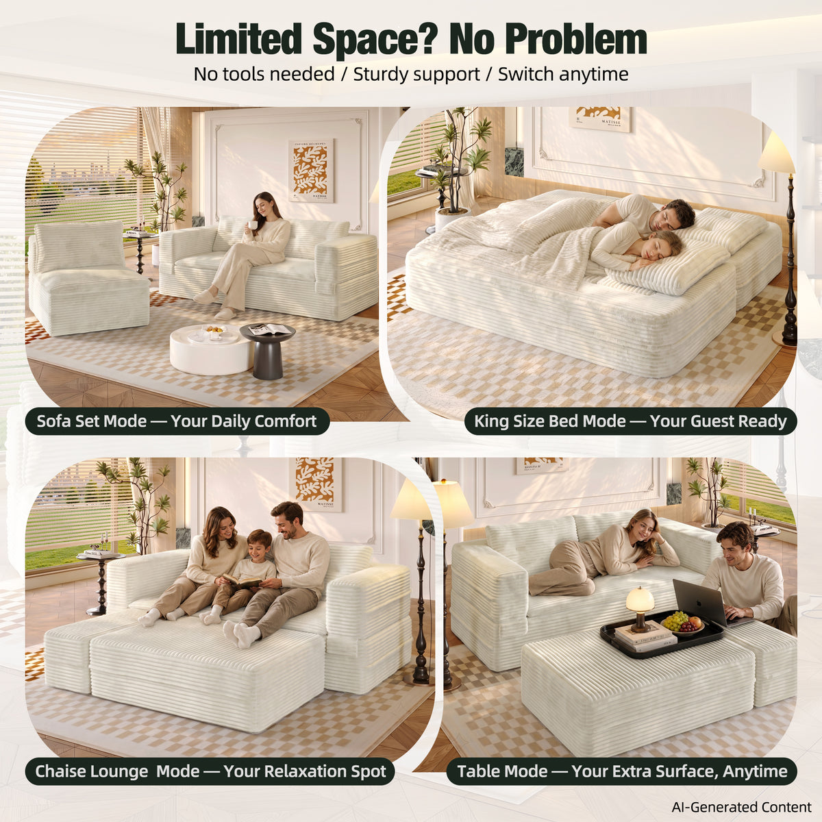 King Size Sleeper Sofa Bed – Plush Corduroy Deep Seat Couch with Independent Chaise &amp; Convertible Blanket