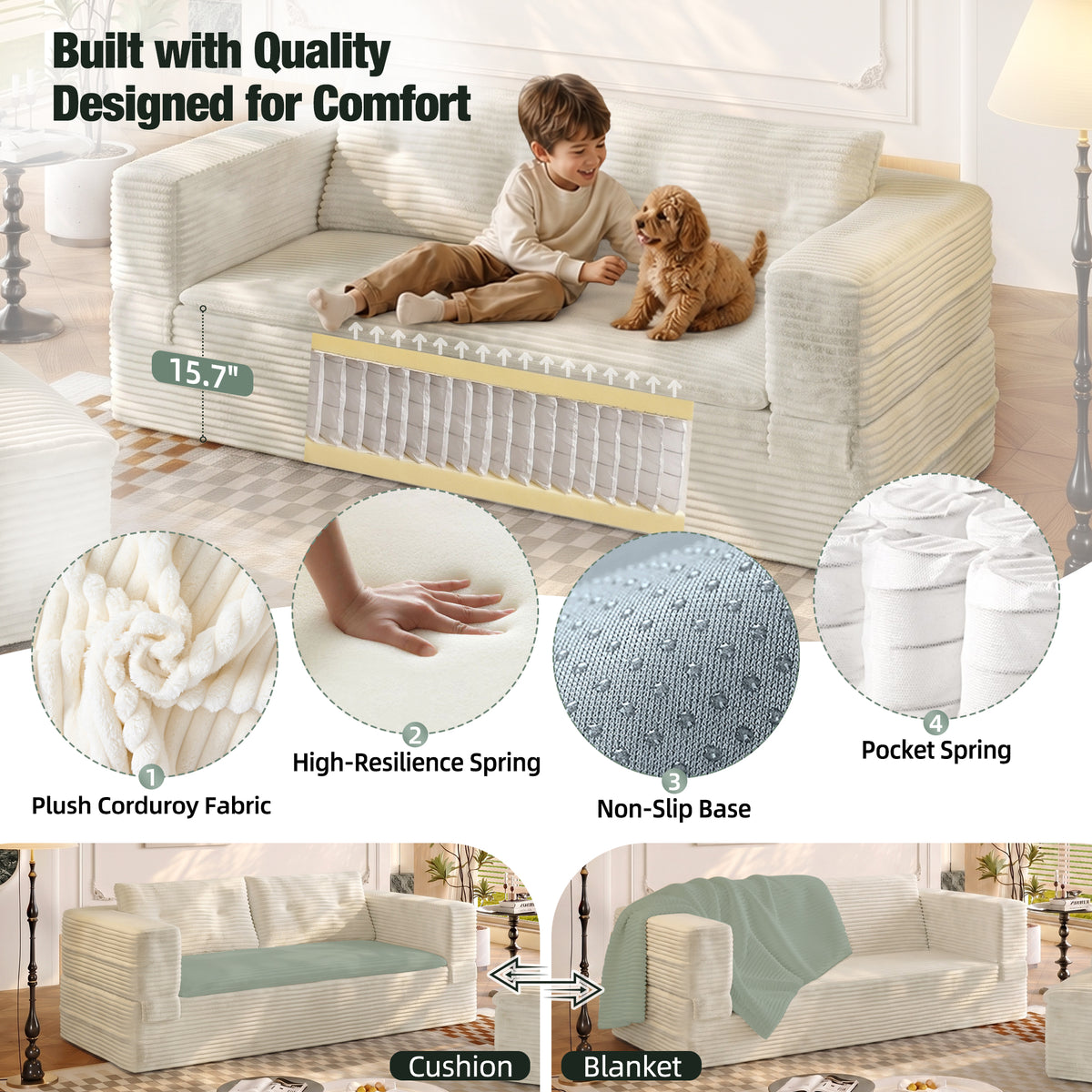 King Size Sleeper Sofa Bed – Plush Corduroy Deep Seat Couch with Independent Chaise &amp; Convertible Blanket