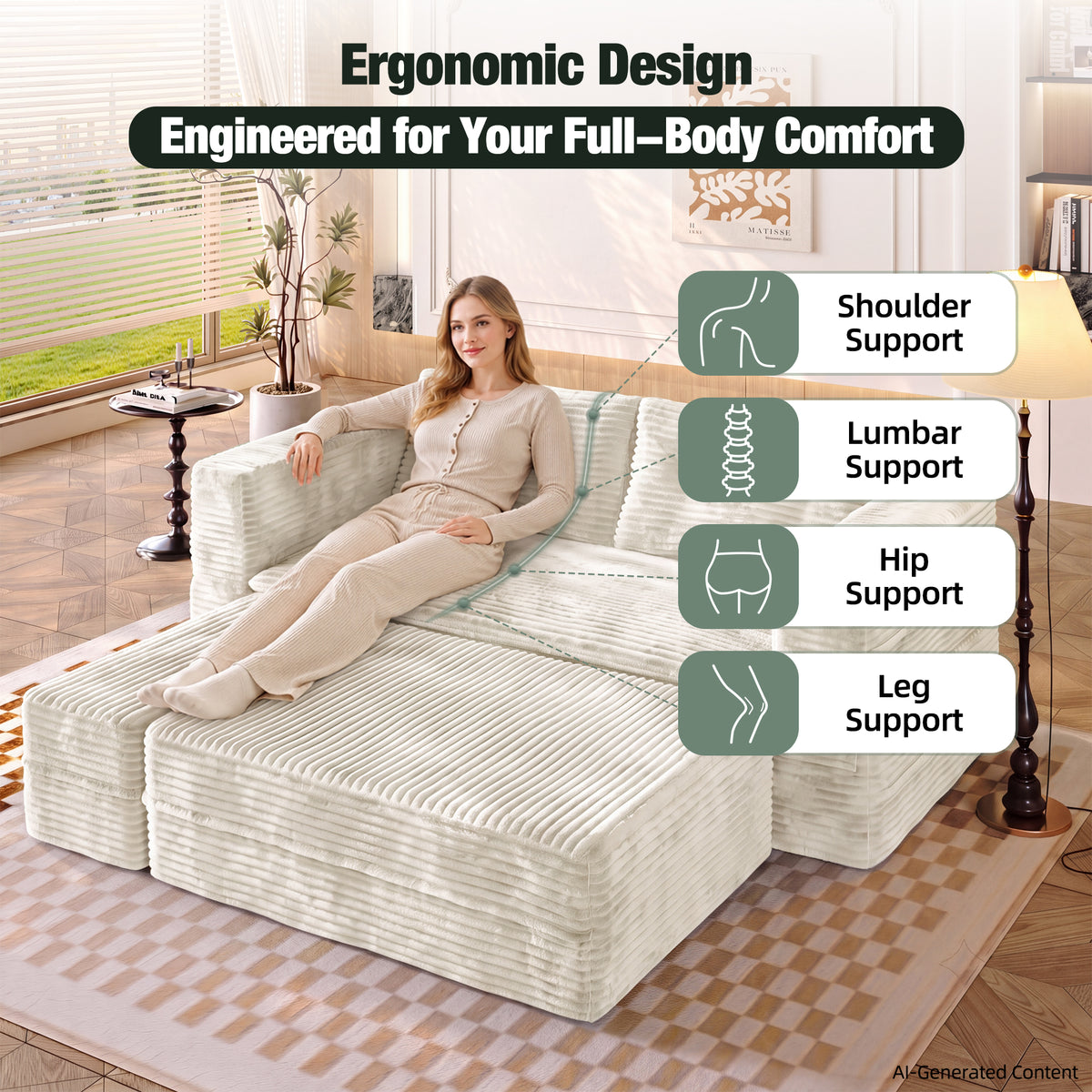 King Size Sleeper Sofa Bed – Plush Corduroy Deep Seat Couch with Independent Chaise &amp; Convertible Blanket