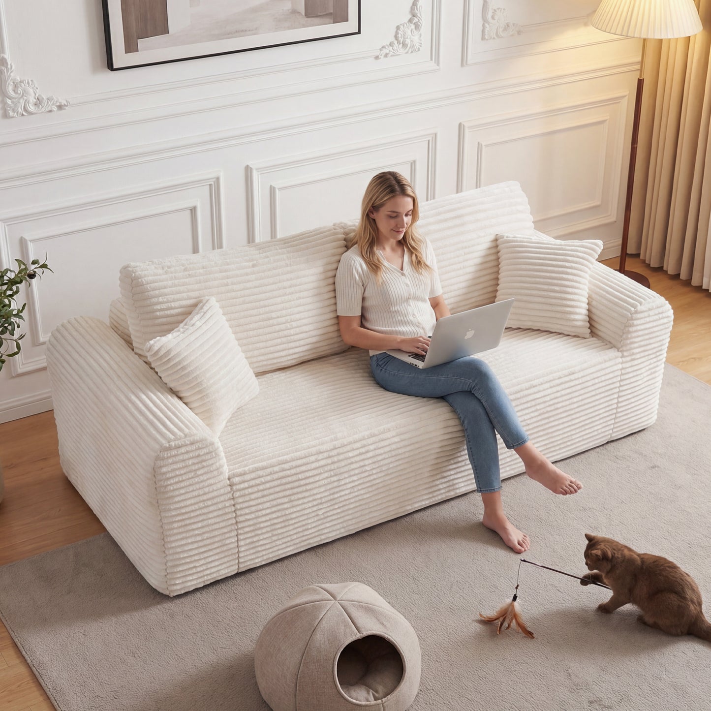3-Seater Corduroy Boneless Couch with 2 Pillows | No Assembly, Vacuum-Sealed Sofa-in-a-Box for Living Room – Beige/Black