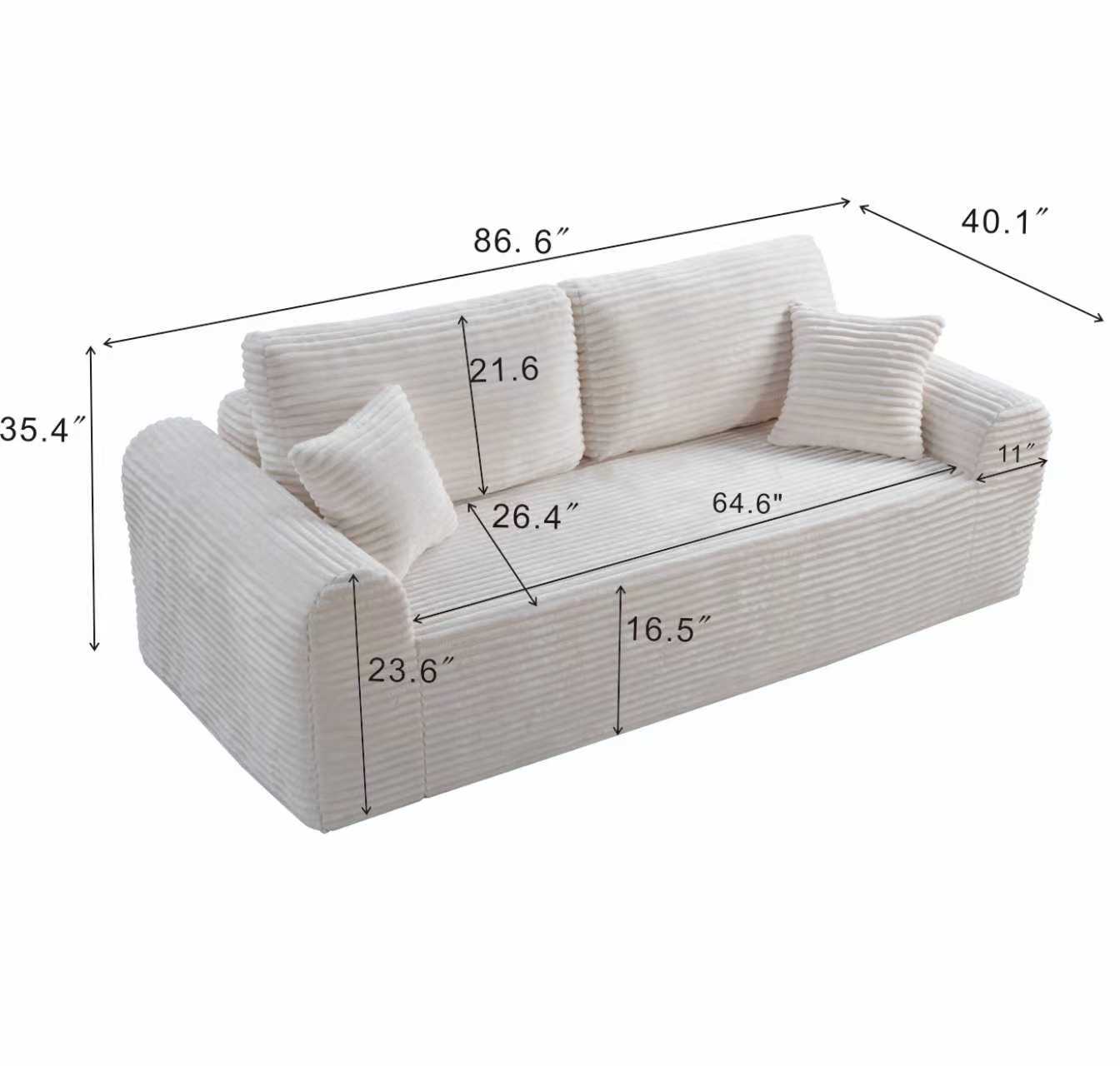 3-Seater Corduroy Boneless Couch with 2 Pillows | No Assembly, Vacuum-Sealed Sofa-in-a-Box for Living Room – Beige/Black