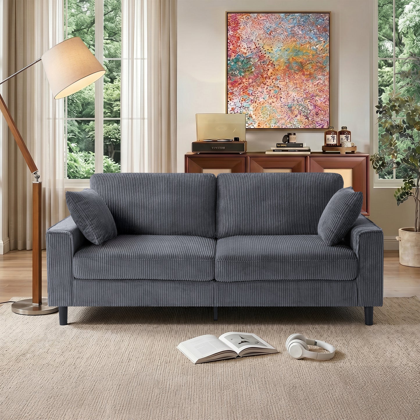 Corduroy Loveseat Sofa – 2-Seater Couch with Sturdy Iron Wood Frame, Square Armrests