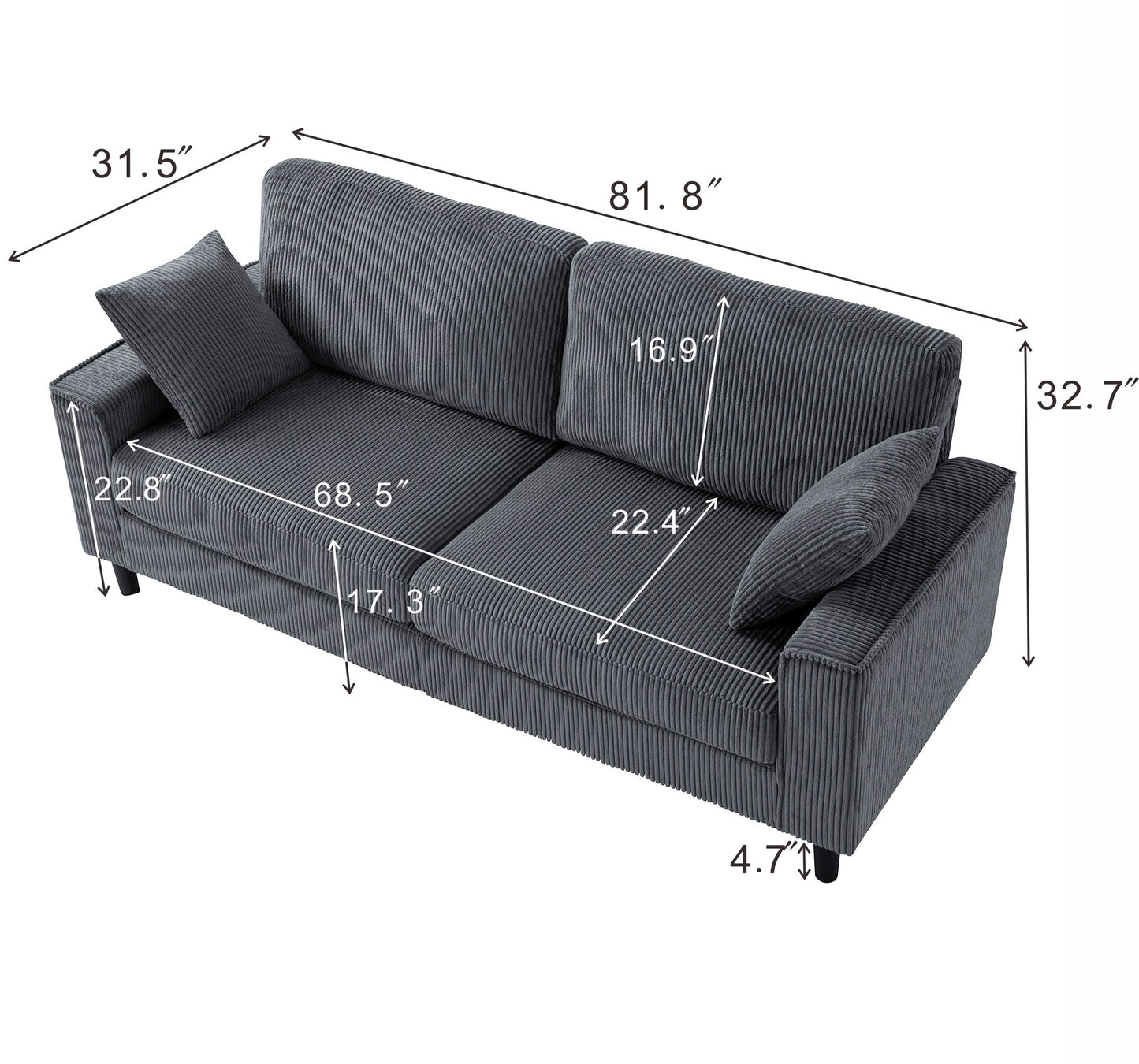 Corduroy Loveseat Sofa – 2-Seater Couch with Sturdy Iron Wood Frame, Square Armrests