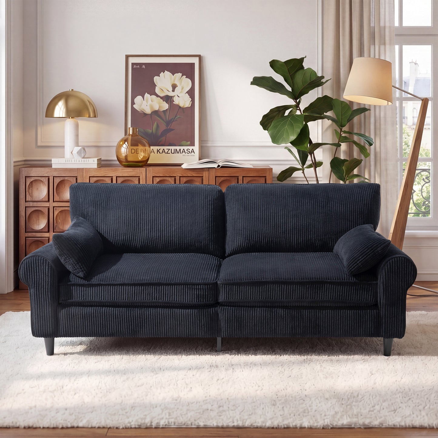 Corduroy Loveseat Sofa – 2-Seater Couch with Rolled Armrests, Iron & Wood Frame (Beige/Black)