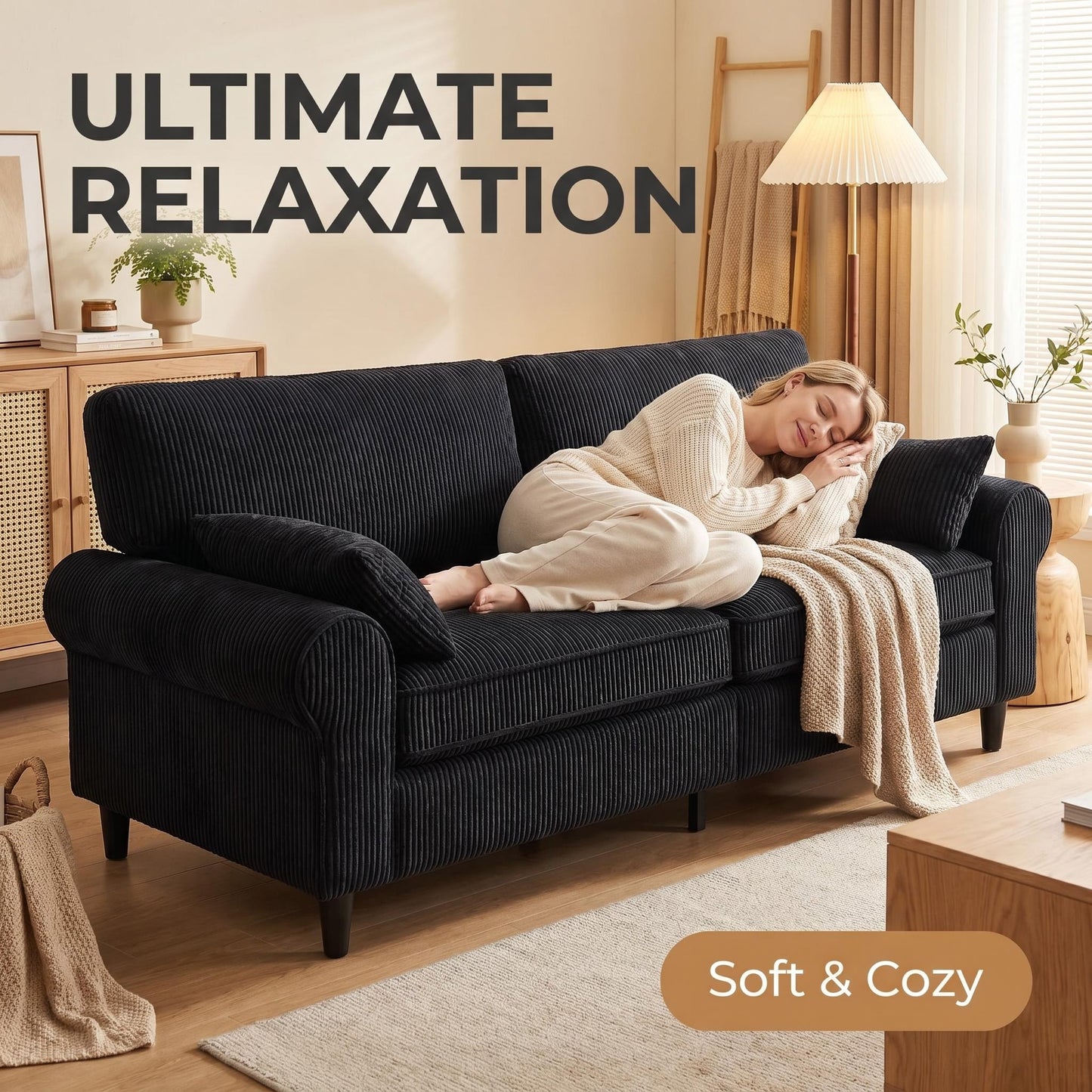 Corduroy Loveseat Sofa – 2-Seater Couch with Rolled Armrests, Iron & Wood Frame (Beige/Black)