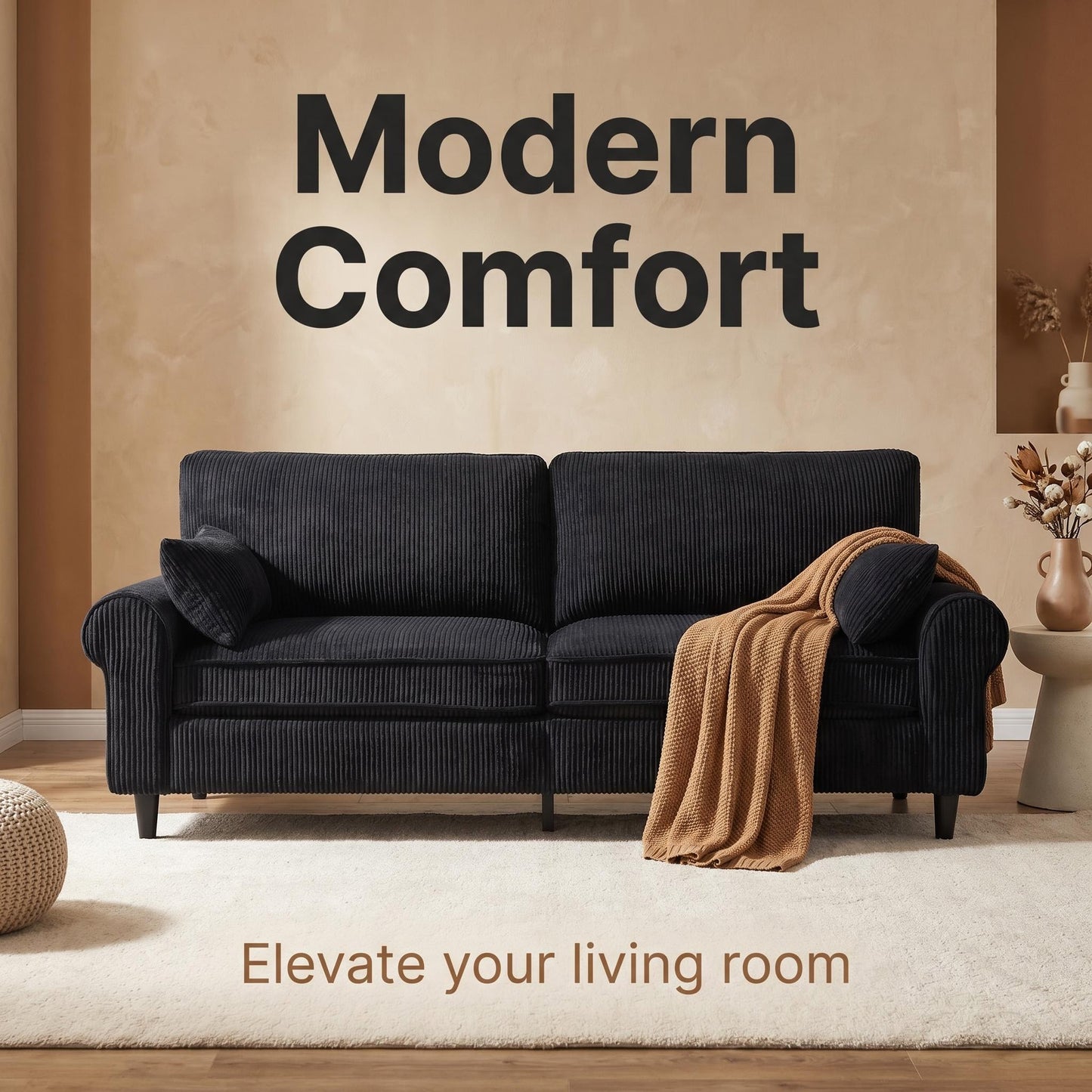 Corduroy Loveseat Sofa – 2-Seater Couch with Rolled Armrests, Iron & Wood Frame (Beige/Black)