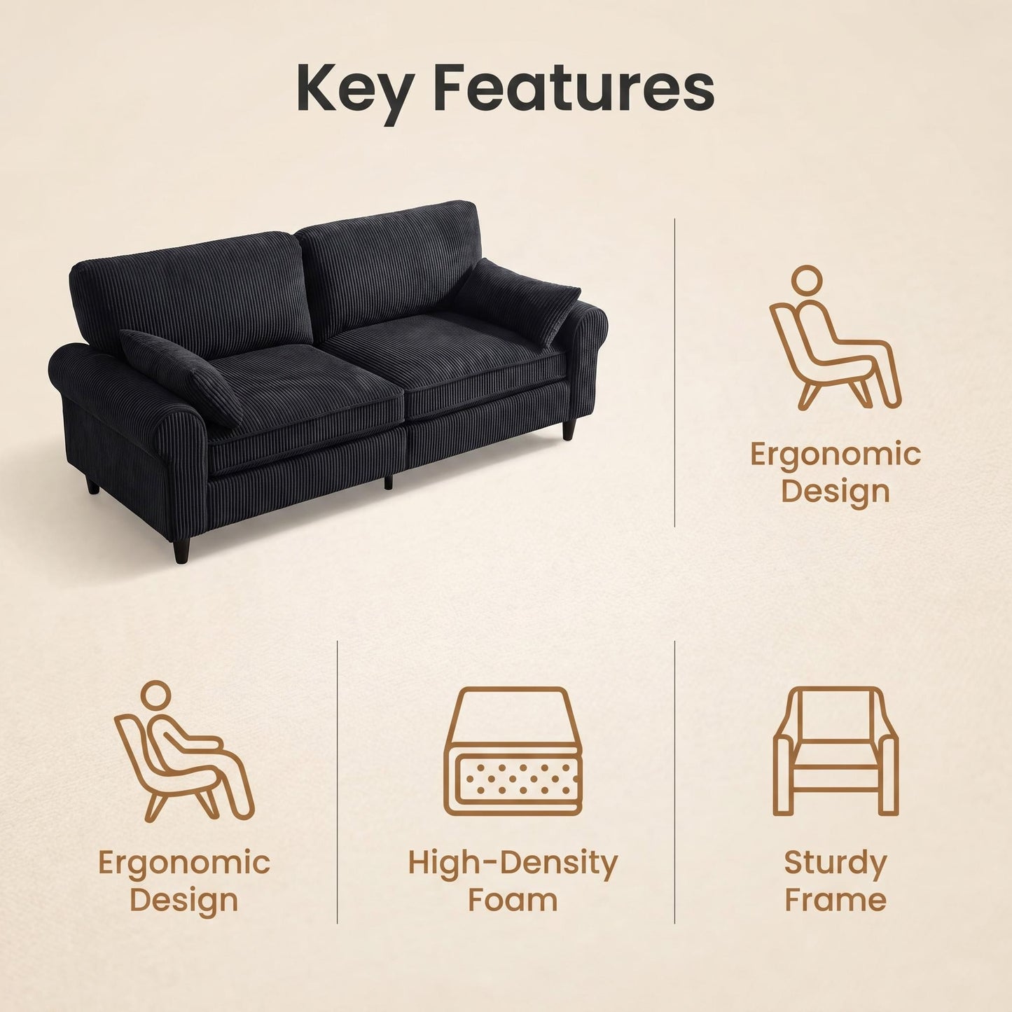 Corduroy Loveseat Sofa – 2-Seater Couch with Rolled Armrests, Iron & Wood Frame (Beige/Black)