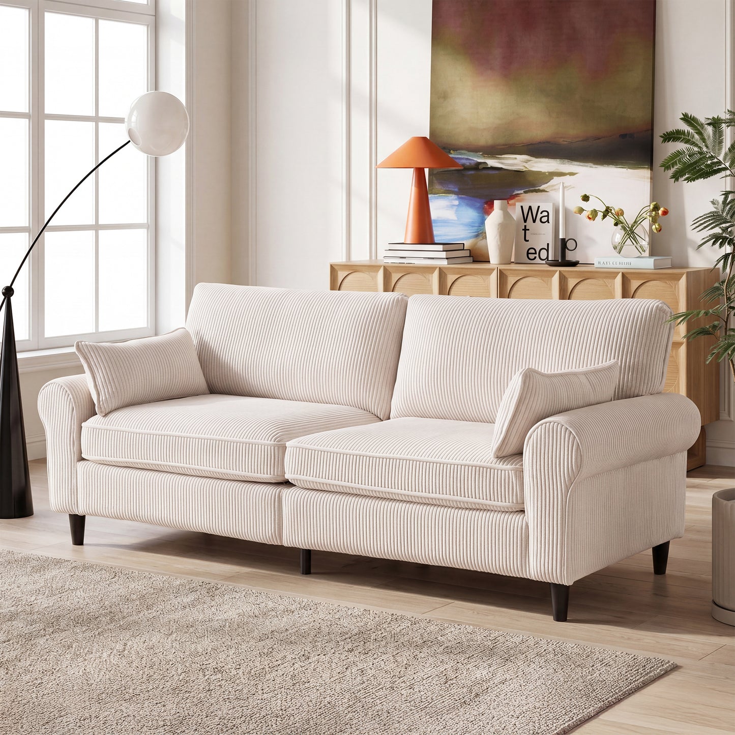Corduroy Loveseat Sofa – 2-Seater Couch with Rolled Armrests, Iron & Wood Frame (Beige/Black)