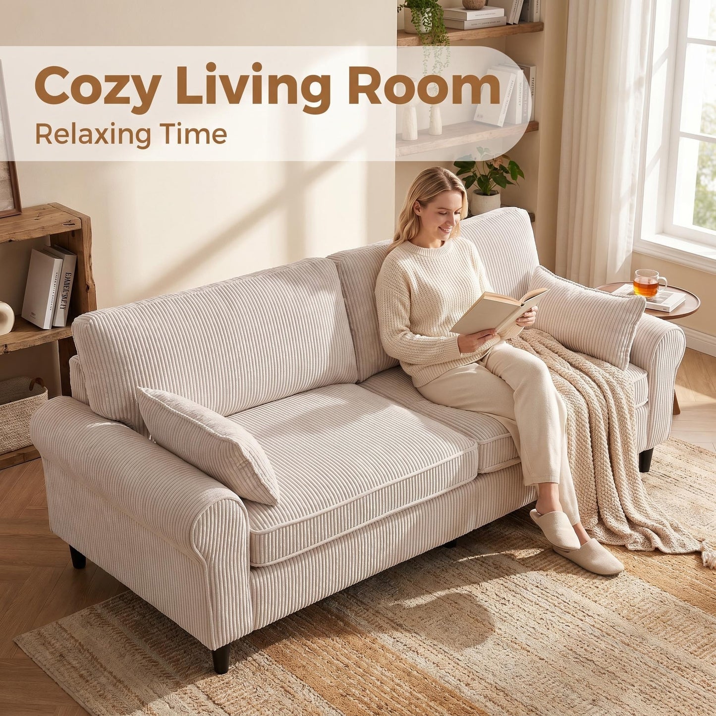 Corduroy Loveseat Sofa – 2-Seater Couch with Rolled Armrests, Iron & Wood Frame (Beige/Black)